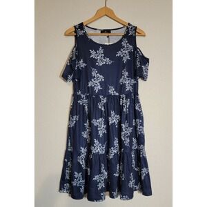 Yathon Women's Casual Cold Shoulder Sleeve Mini Summer Dress Blue Size L NWT